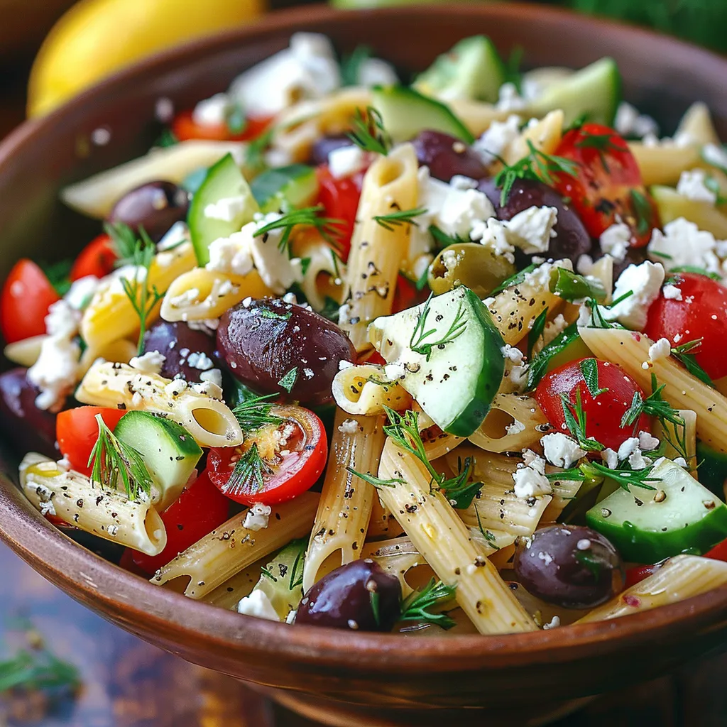 A colorful pasta salad bowl with vegetables.