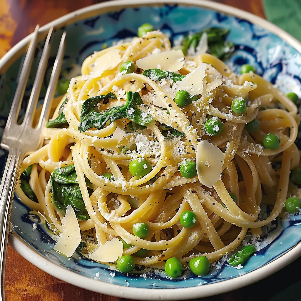 A bowl of pasta with peas and cheese.