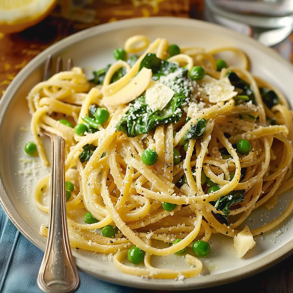 A serving of pasta with peas and cheese.