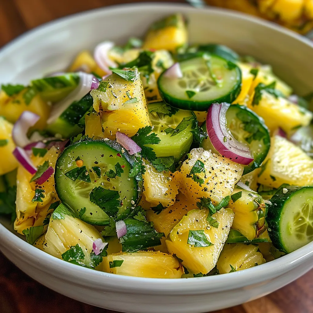 A bowl loaded with cucumbers and pineapple slices.
