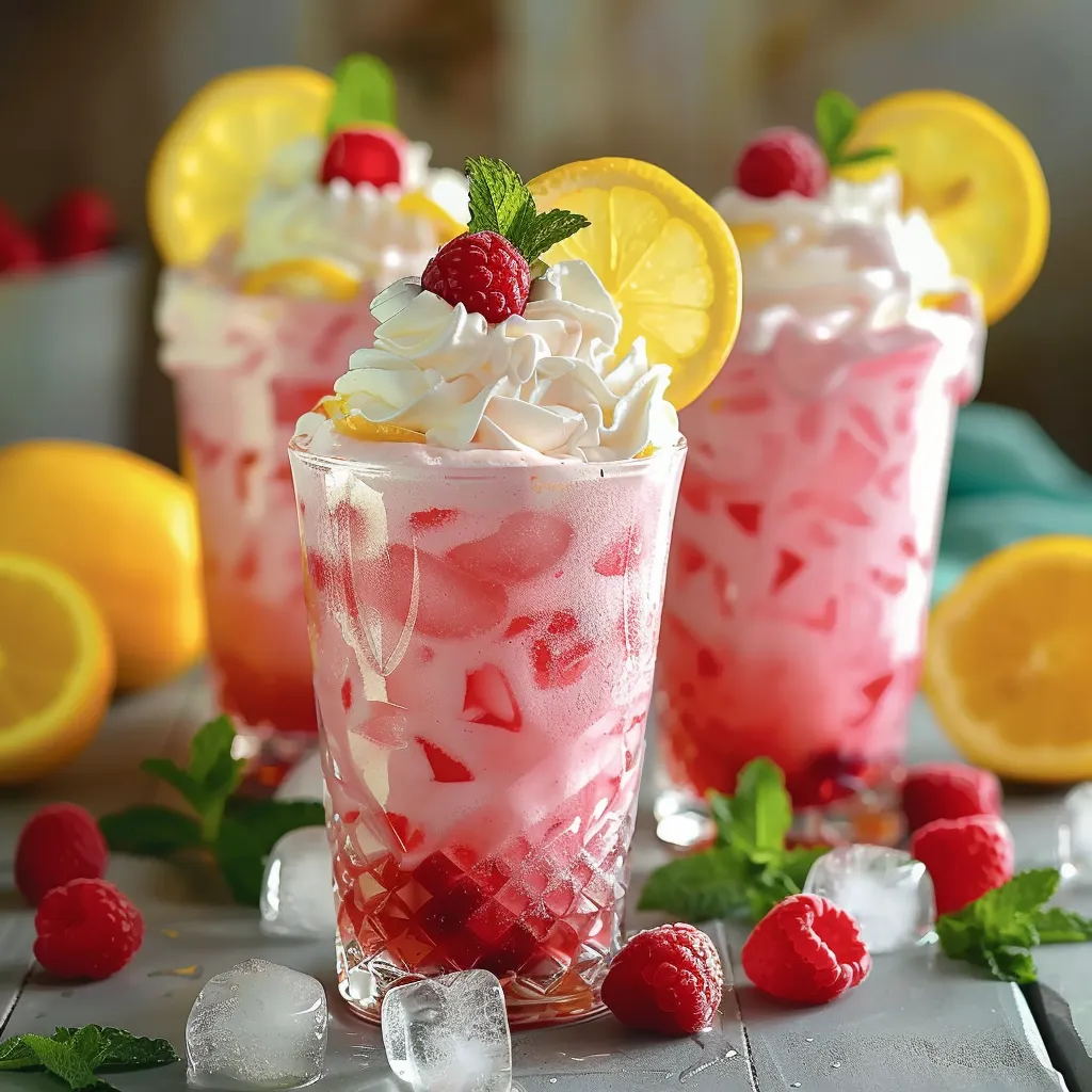 Three glasses of vibrant pink drinks with lemon slices and raspberries.
