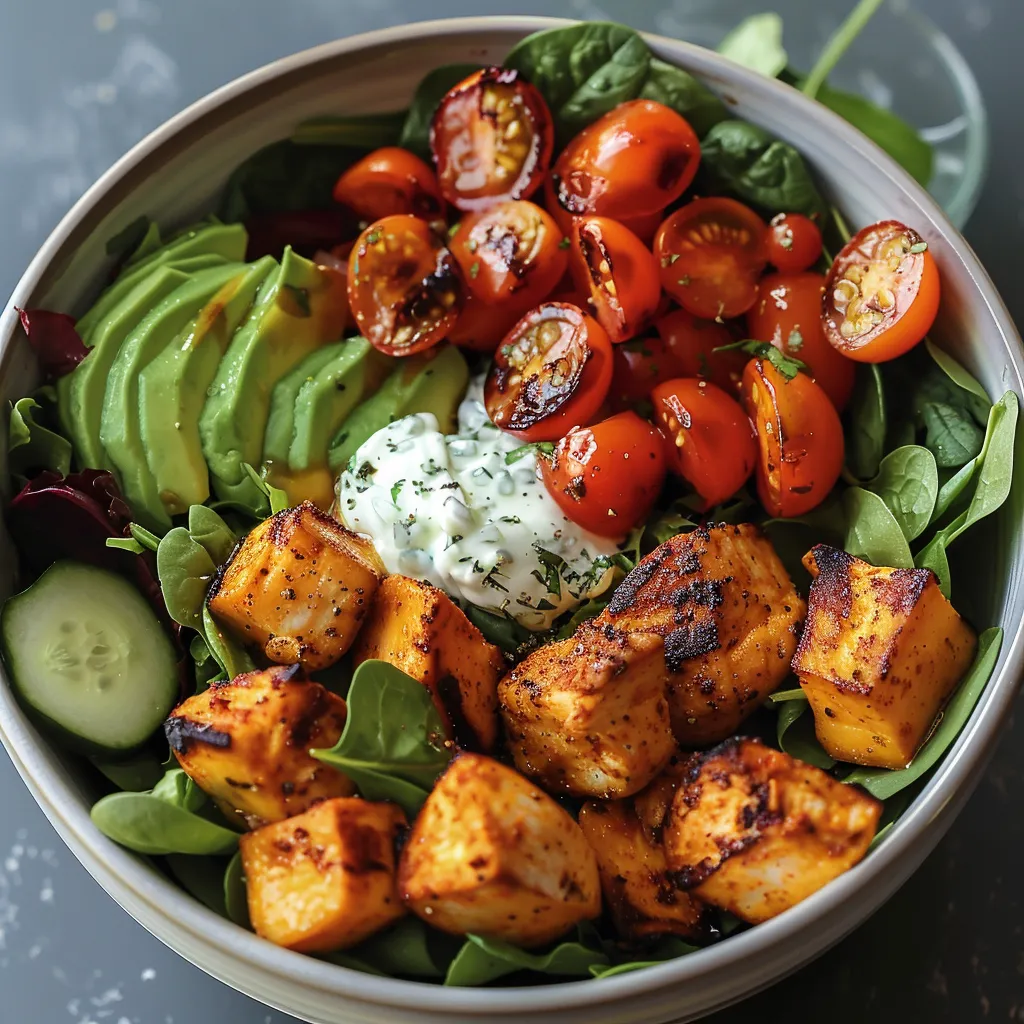 A bowl loaded with sweet potatoes, greens, chicken, and avocado slices.