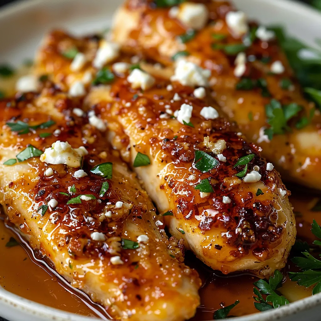 Golden chicken topped with feta and parsley.