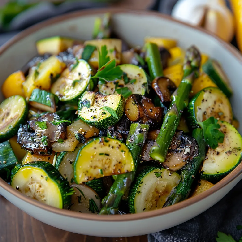 A colorful mix of zucchini, asparagus, squash, and mushrooms in a bowl.