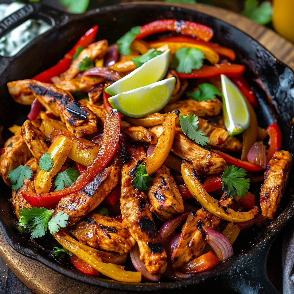 A pan loaded with chicken, peppers, and onions.