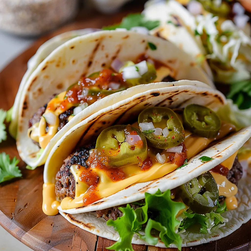 Tacos on a plate with beef and jalapeno slices.