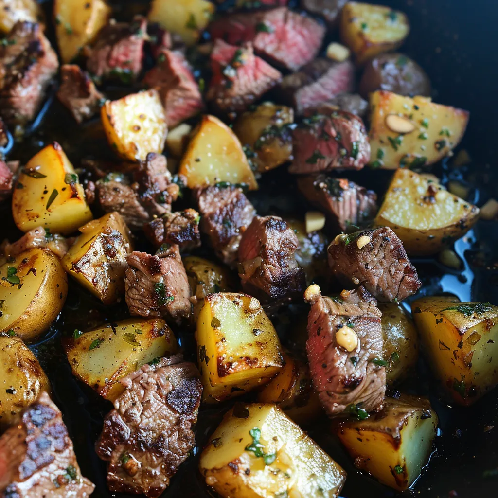 Cooked chunks of steak and crispy potatoes in a skillet.