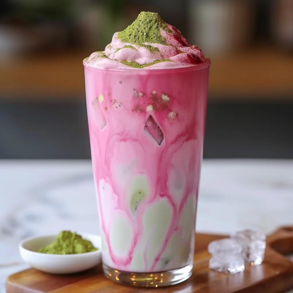 A bright pink drink topped with green and white layers.