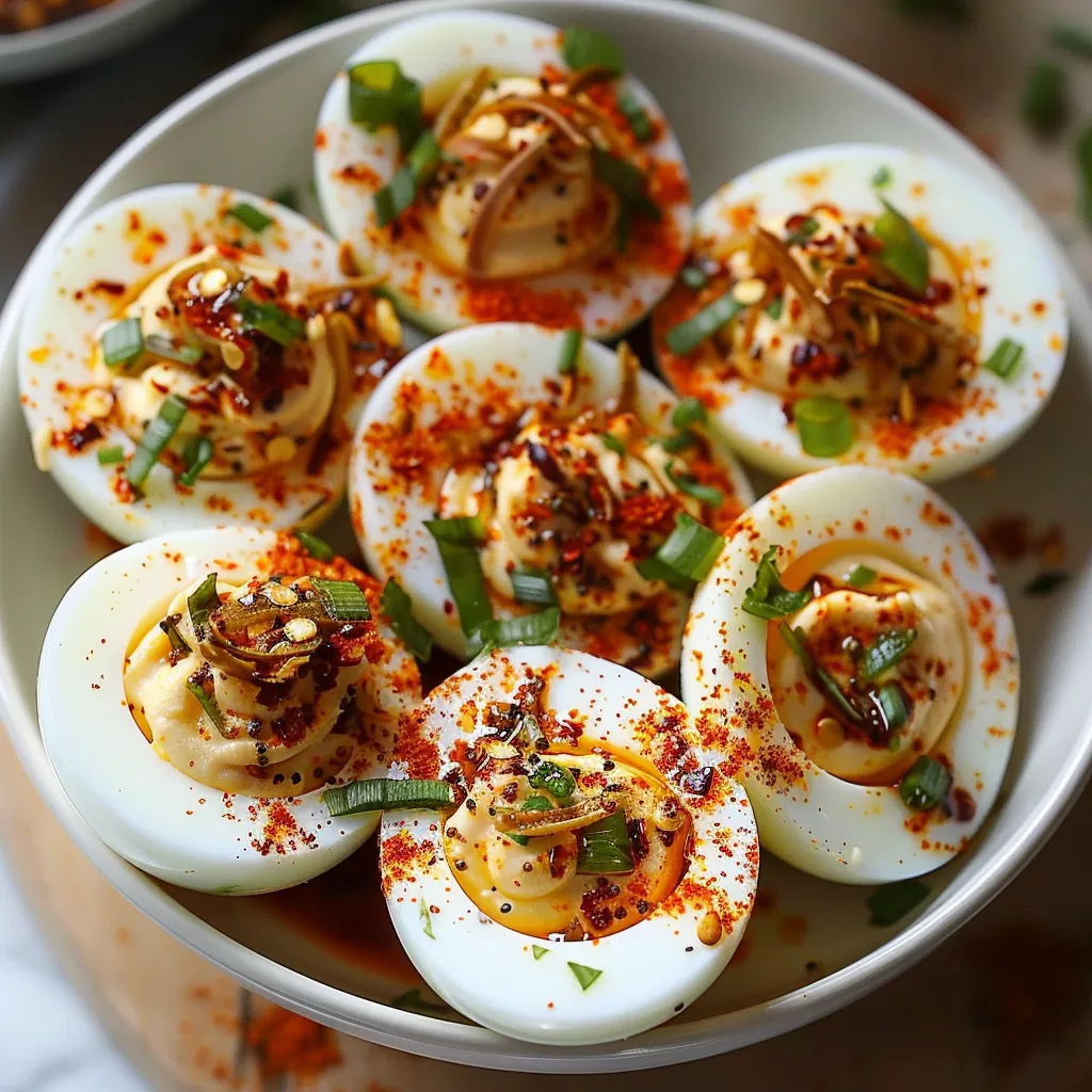 A serving of deviled eggs with a spoon beside them.