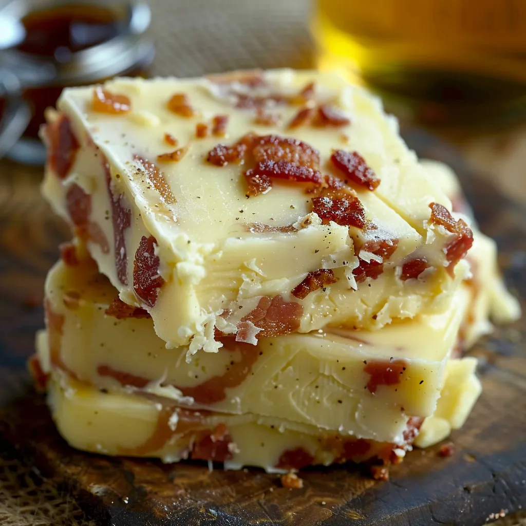 Bacon and cheese cake on a wooden table.