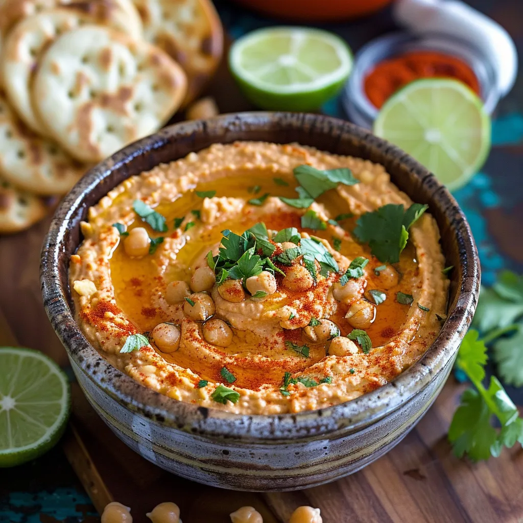 A spoon resting inside a hummus-filled bowl.