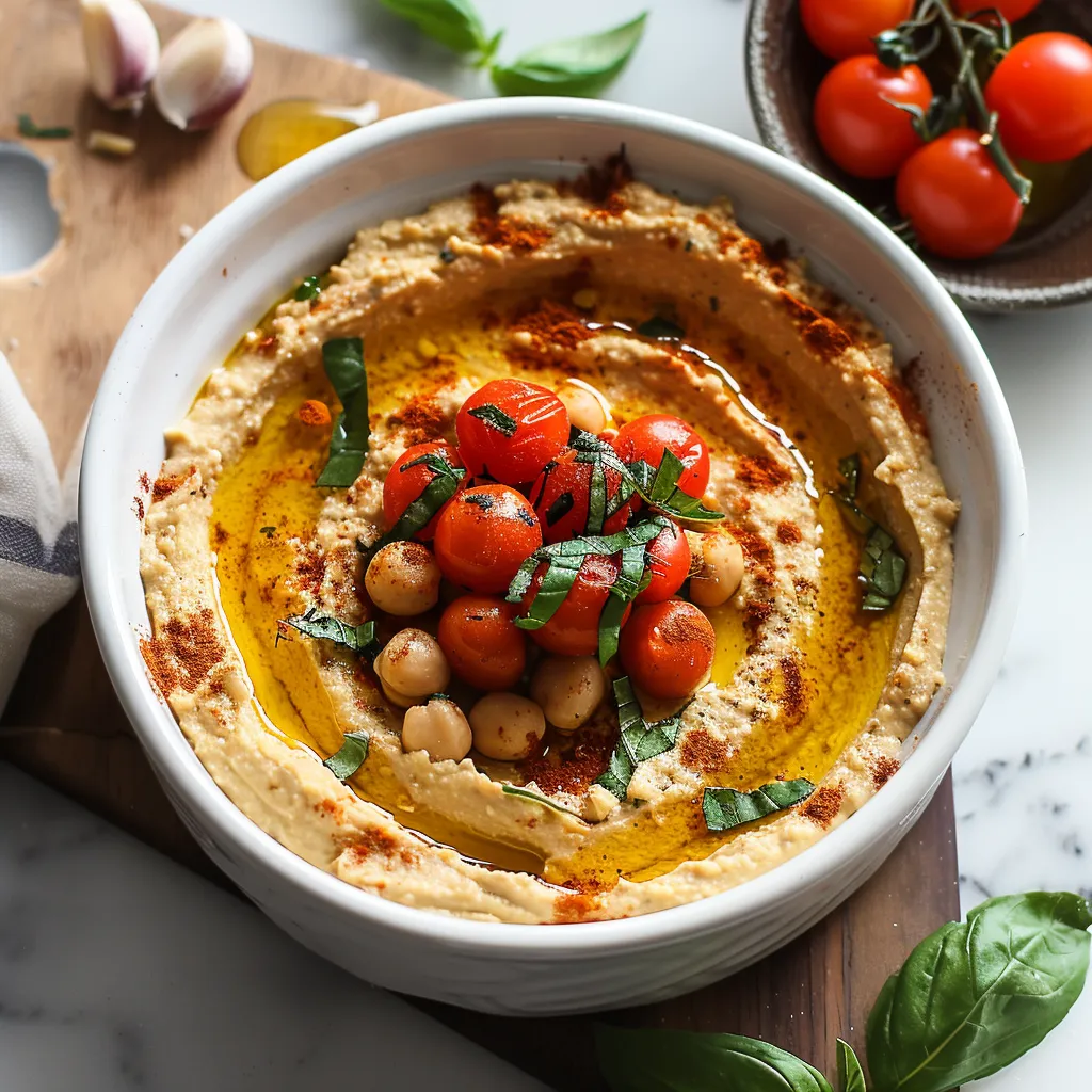 A white bowl holding basil and tomato hummus.