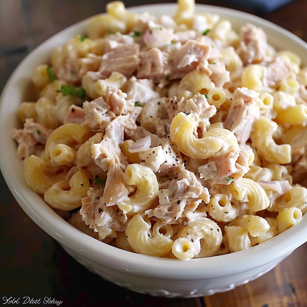 A comforting bowl of tuna pasta salad.