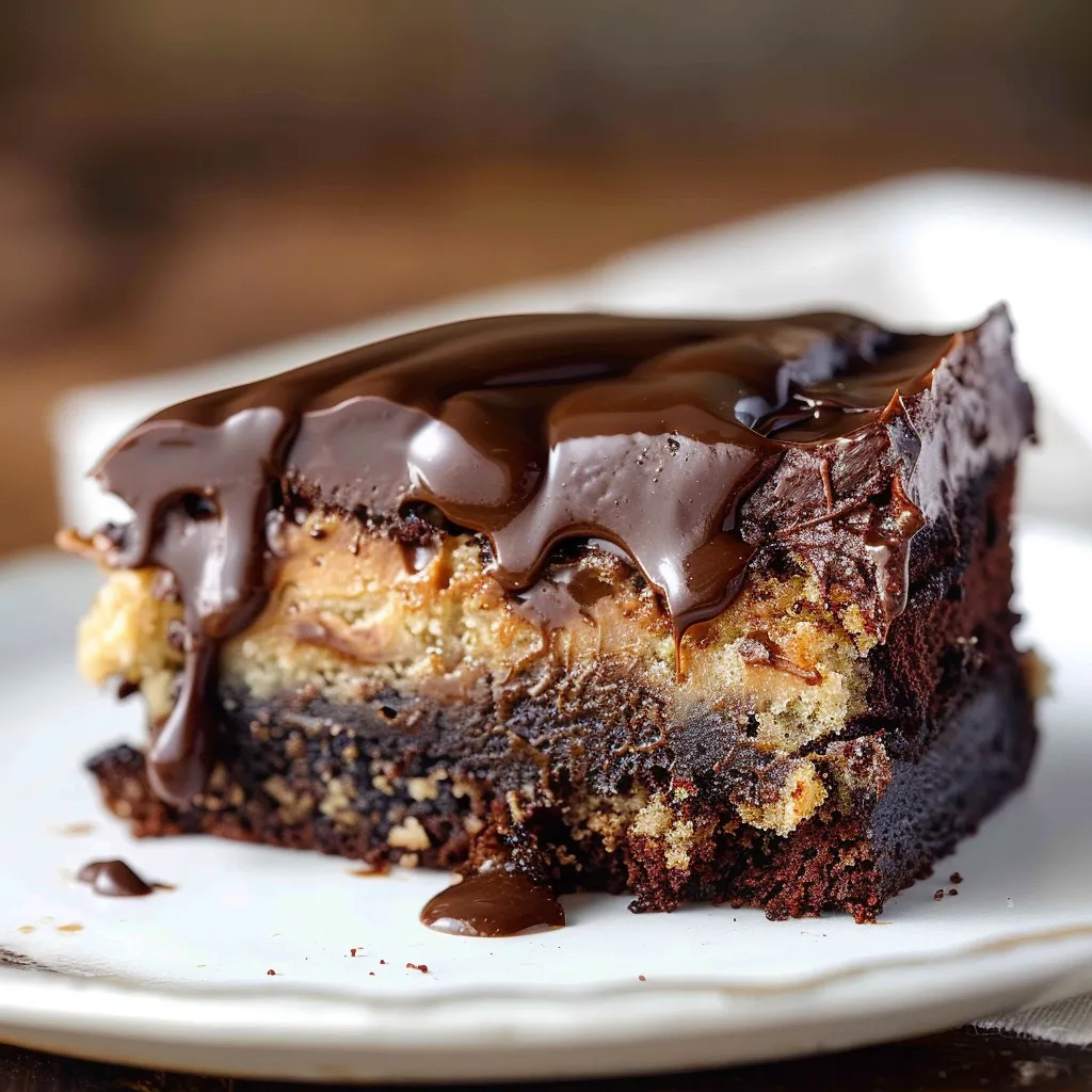 A slice of gooey chocolate cake with drizzles.