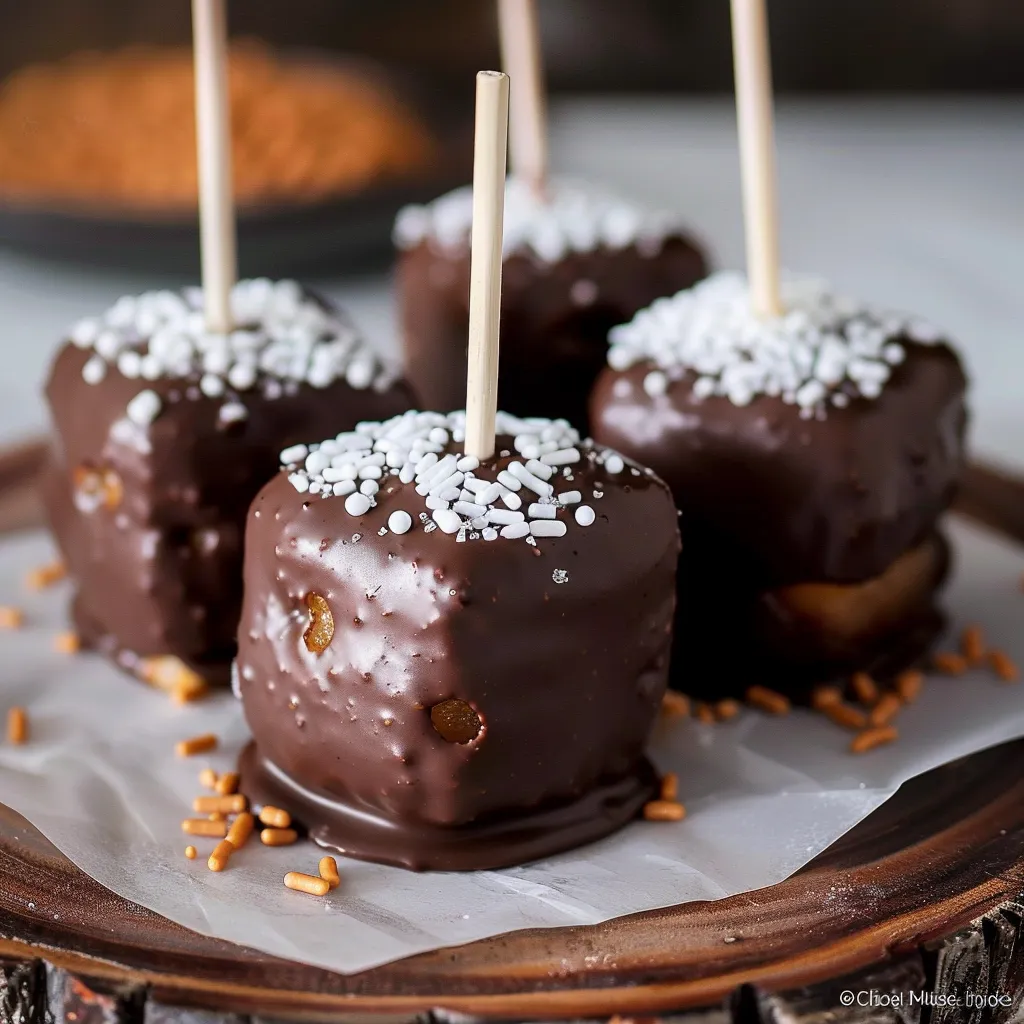 Plate filled with caramel and chocolate covered marshmallows.
