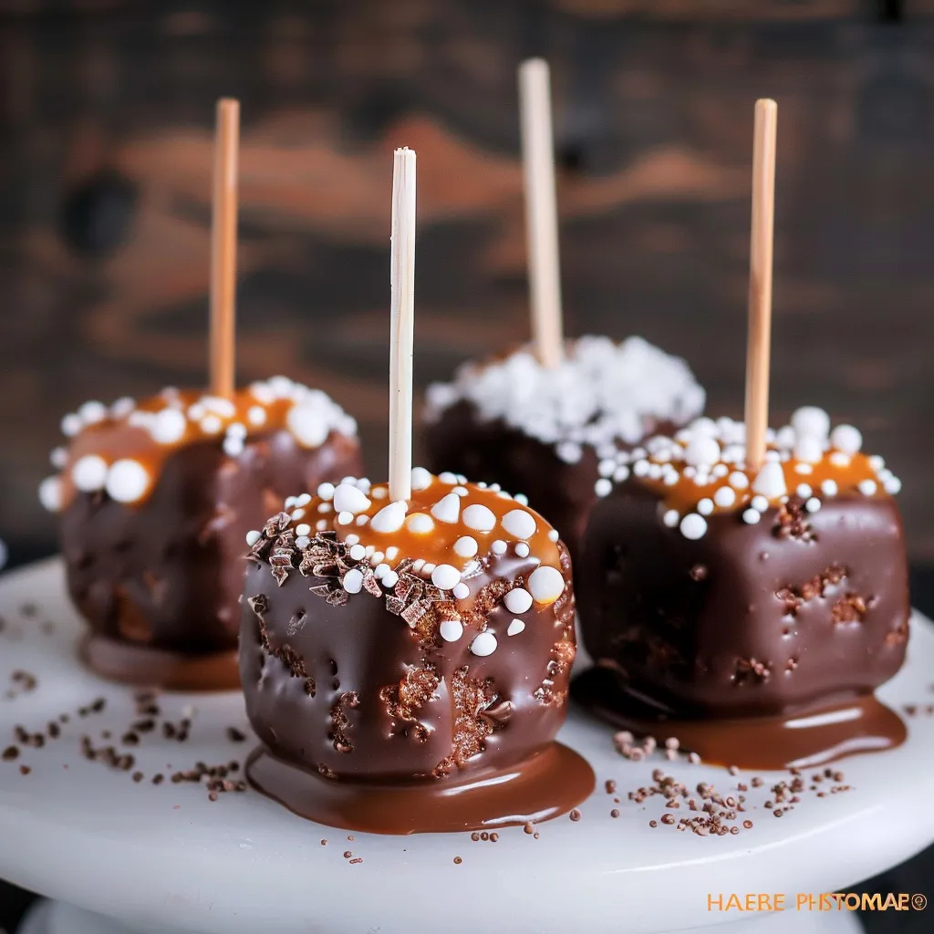 Four chocolate candies with marshmallows on a plate.