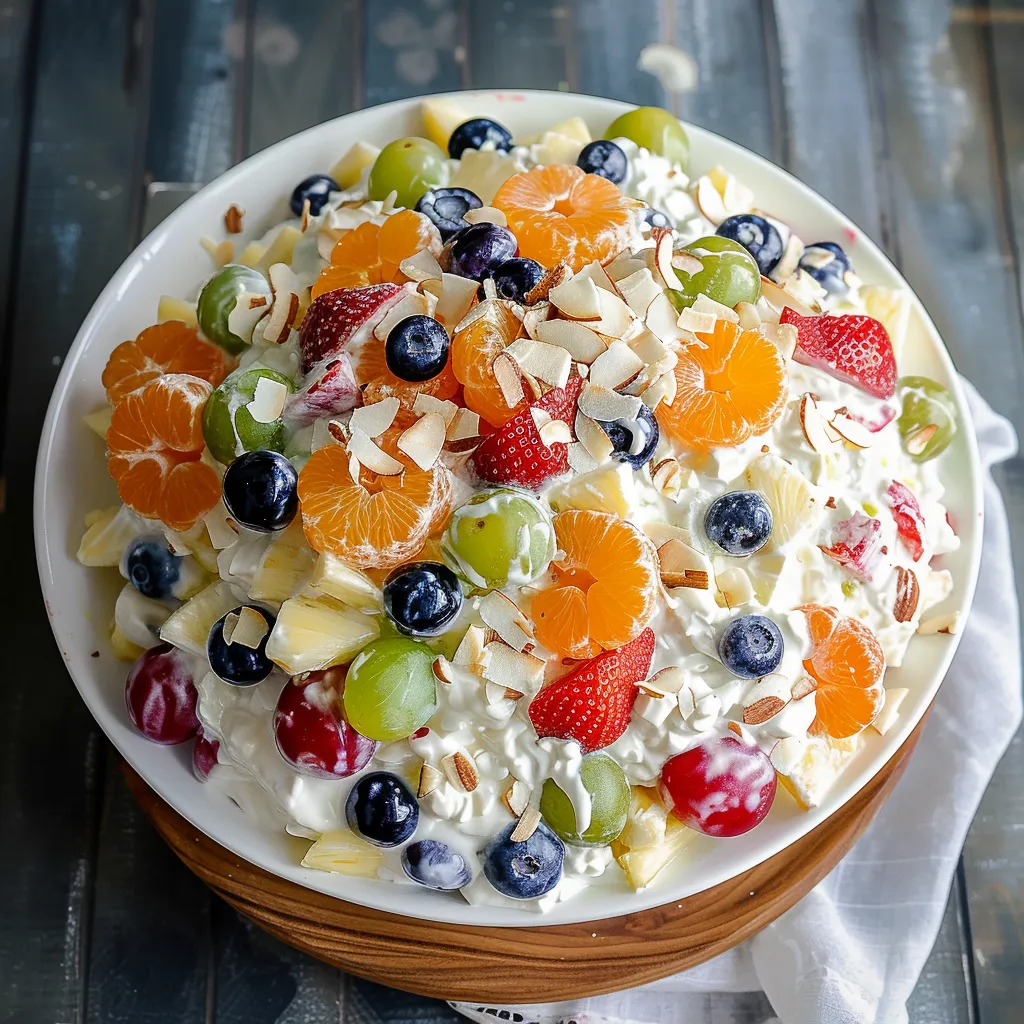 A plate with colorful fruit in a sweet cream mix.