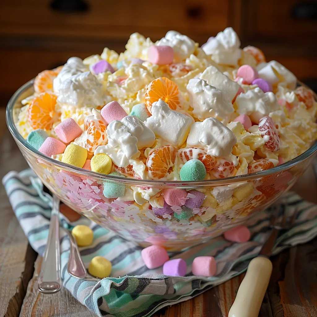 A colorful dessert with fruits, marshmallows, and toppings in a bowl.