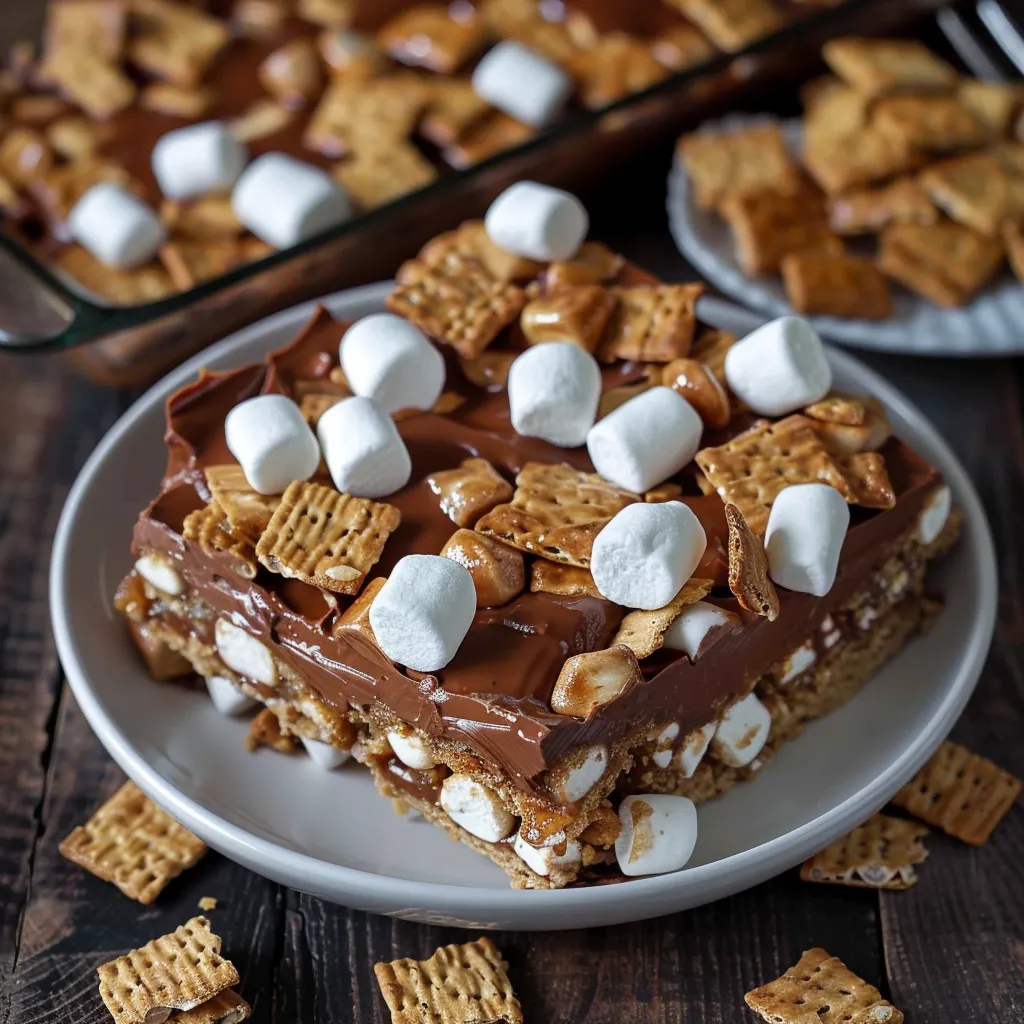 A dessert with crispy cereal, chocolate, and marshmallows layered together.