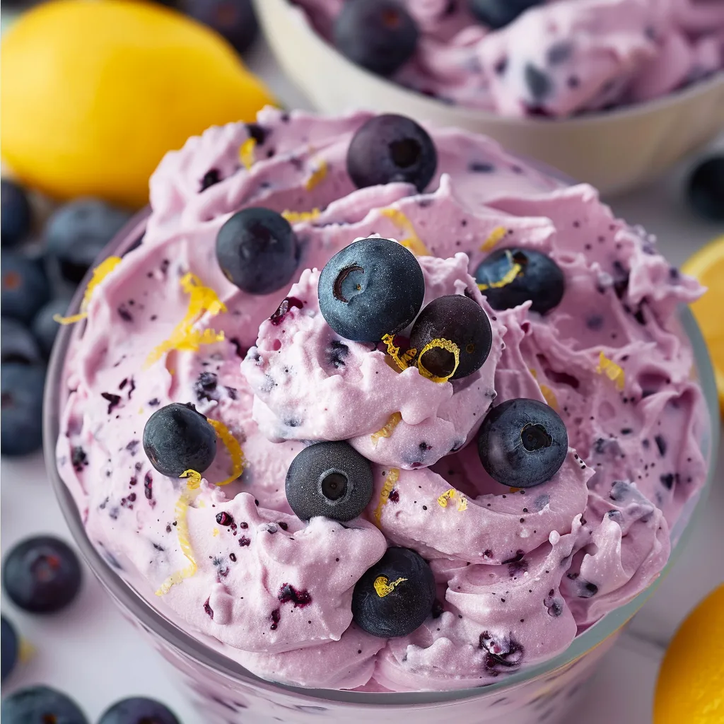 A creamy blueberry dessert with lemon slices.