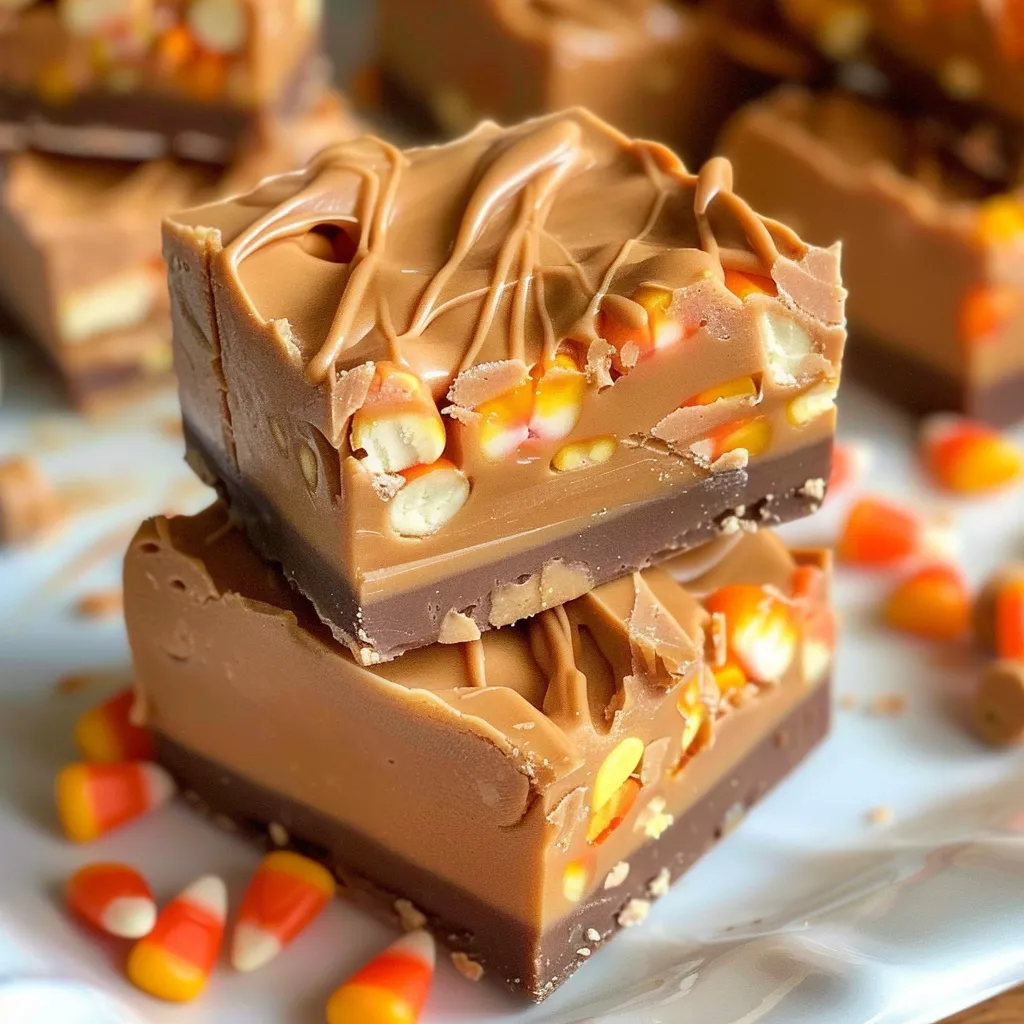 A caramel-drizzled cake topped with candy corn.