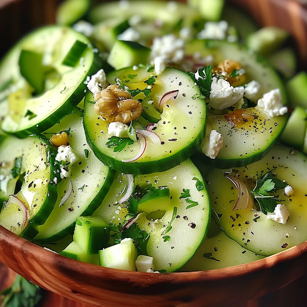 A salad bowl with cucumbers, feta, and nuts.
