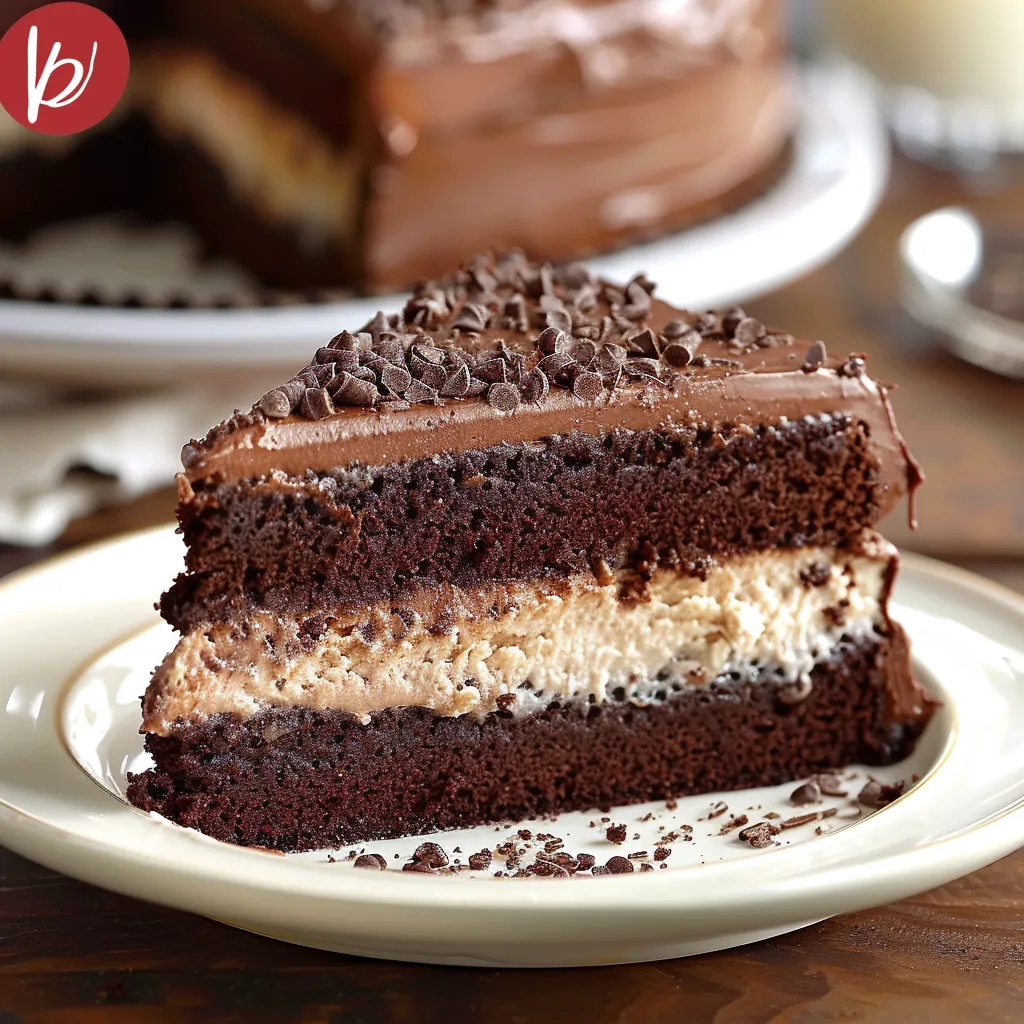Chocolate cake slice topped with chocolate chips.