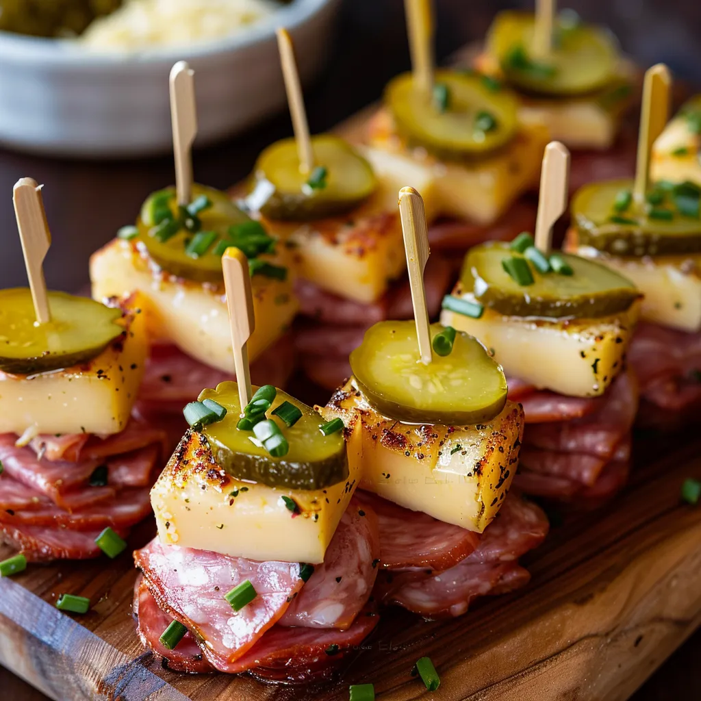 A board holding pickles, ham, and cheese bites.