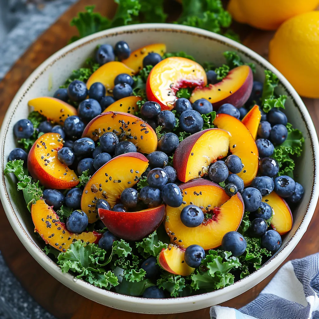 A colorful salad featuring kale, peaches, and blueberries.
