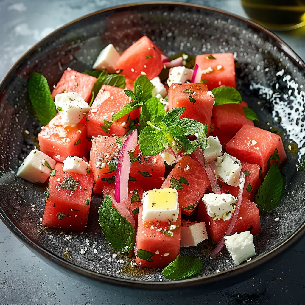 Chunks of watermelon topped with mint and feta in a white bowl.