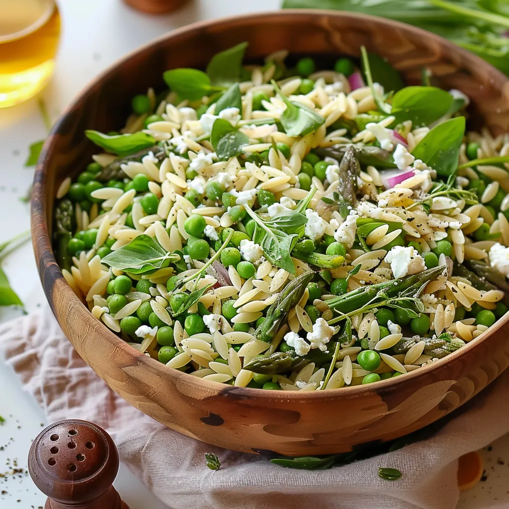 A bowl with orzo, asparagus, and veggies.