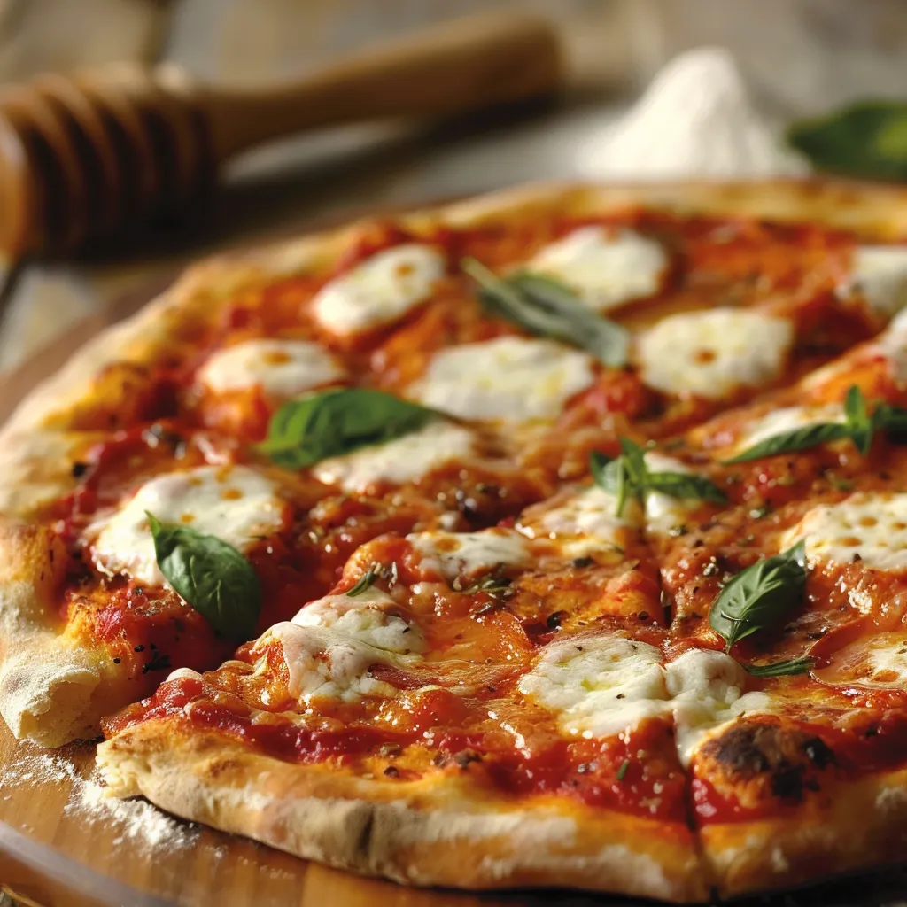 Cheesy pizza topped with green herbs.