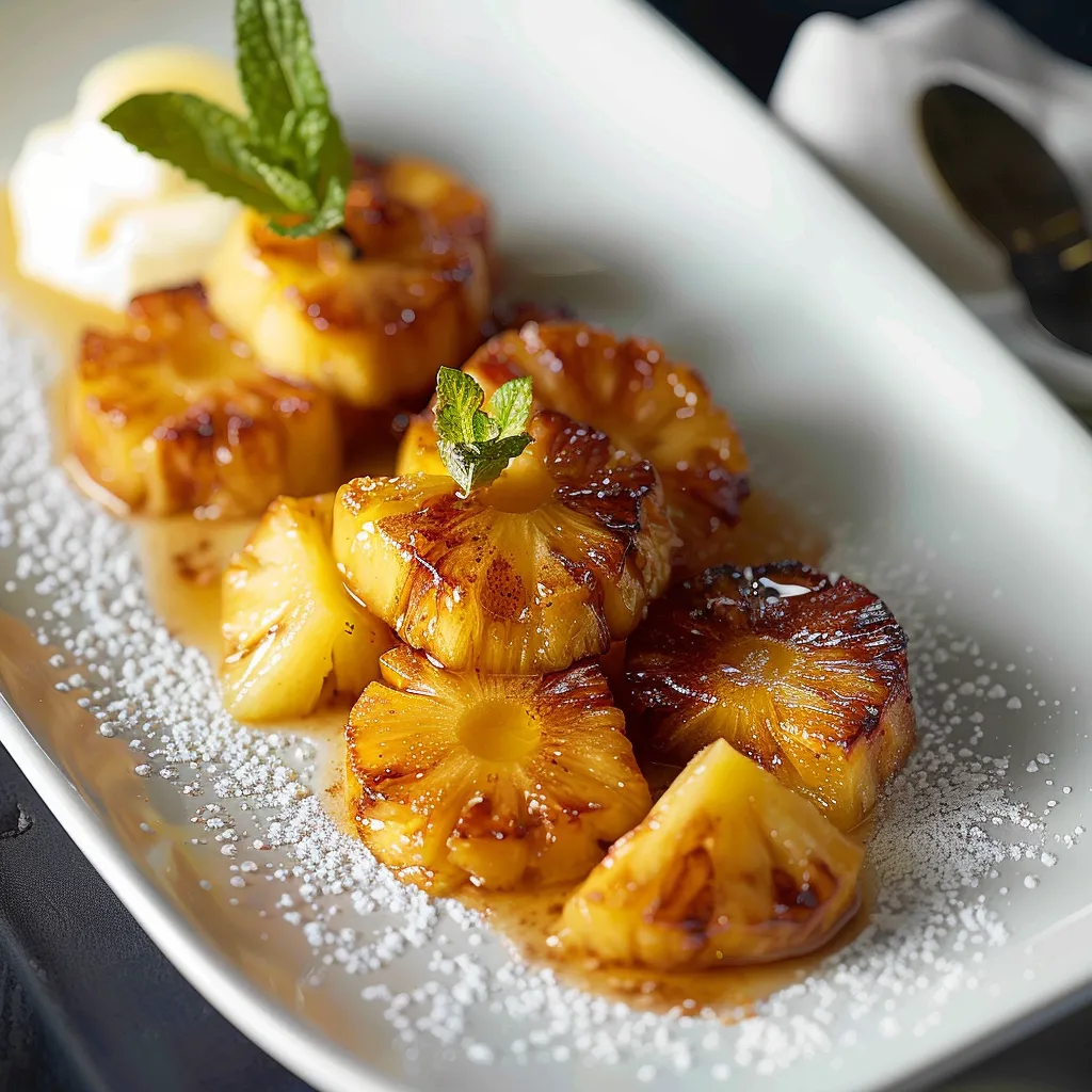 A plate of food with pineapple and mint.