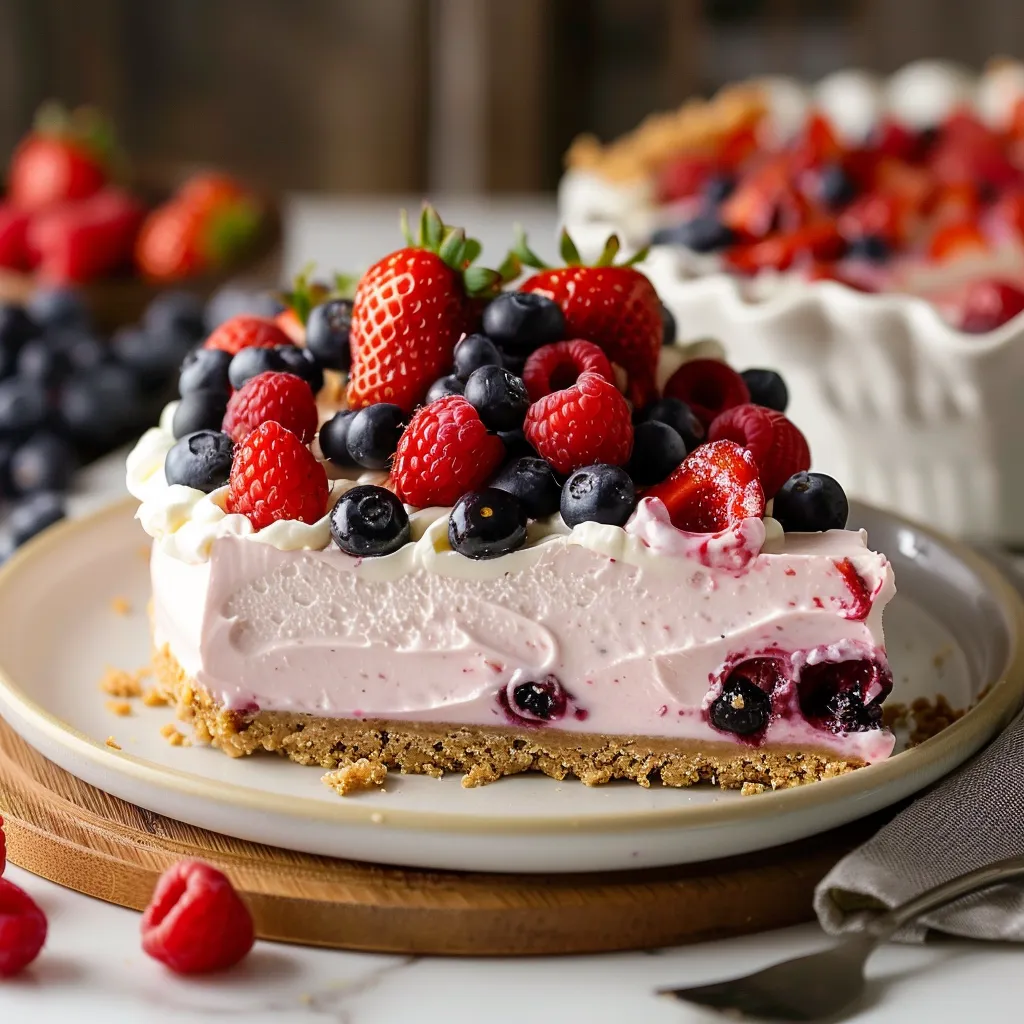 A plated slice of cheesecake topped with fresh strawberries and blueberries.