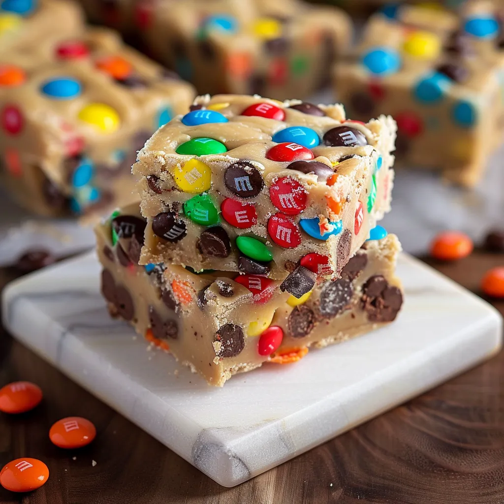 A piece of cake with M&M's on top.