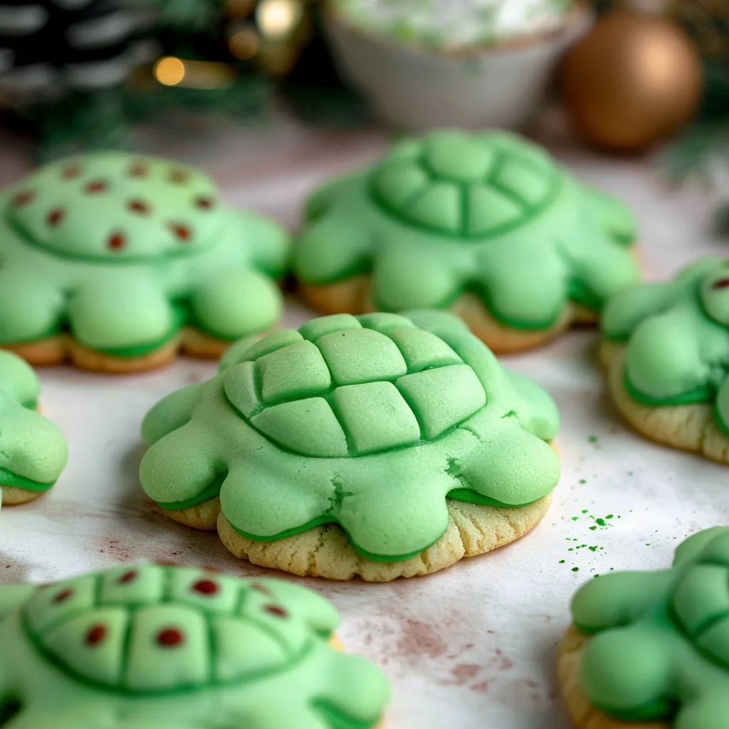 Bright green turtle-shaped cookies with shell patterns.
