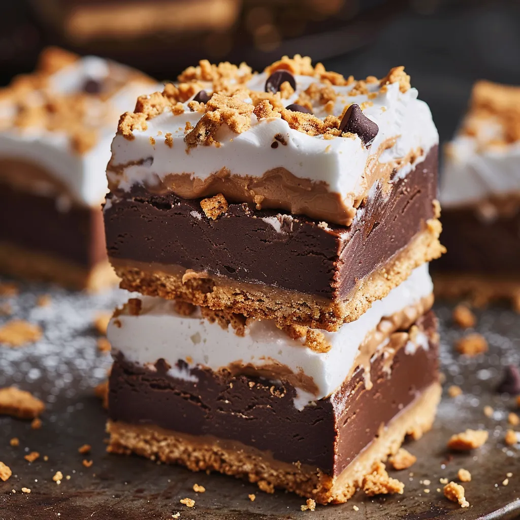 A rich chocolate dessert layered with crust and topped with marshmallows.