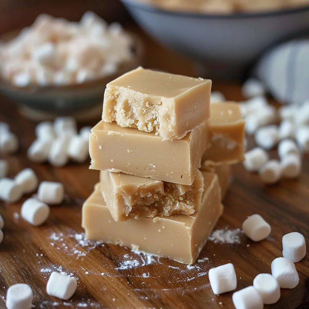 Three bite-size squares stacked on a wooden table.