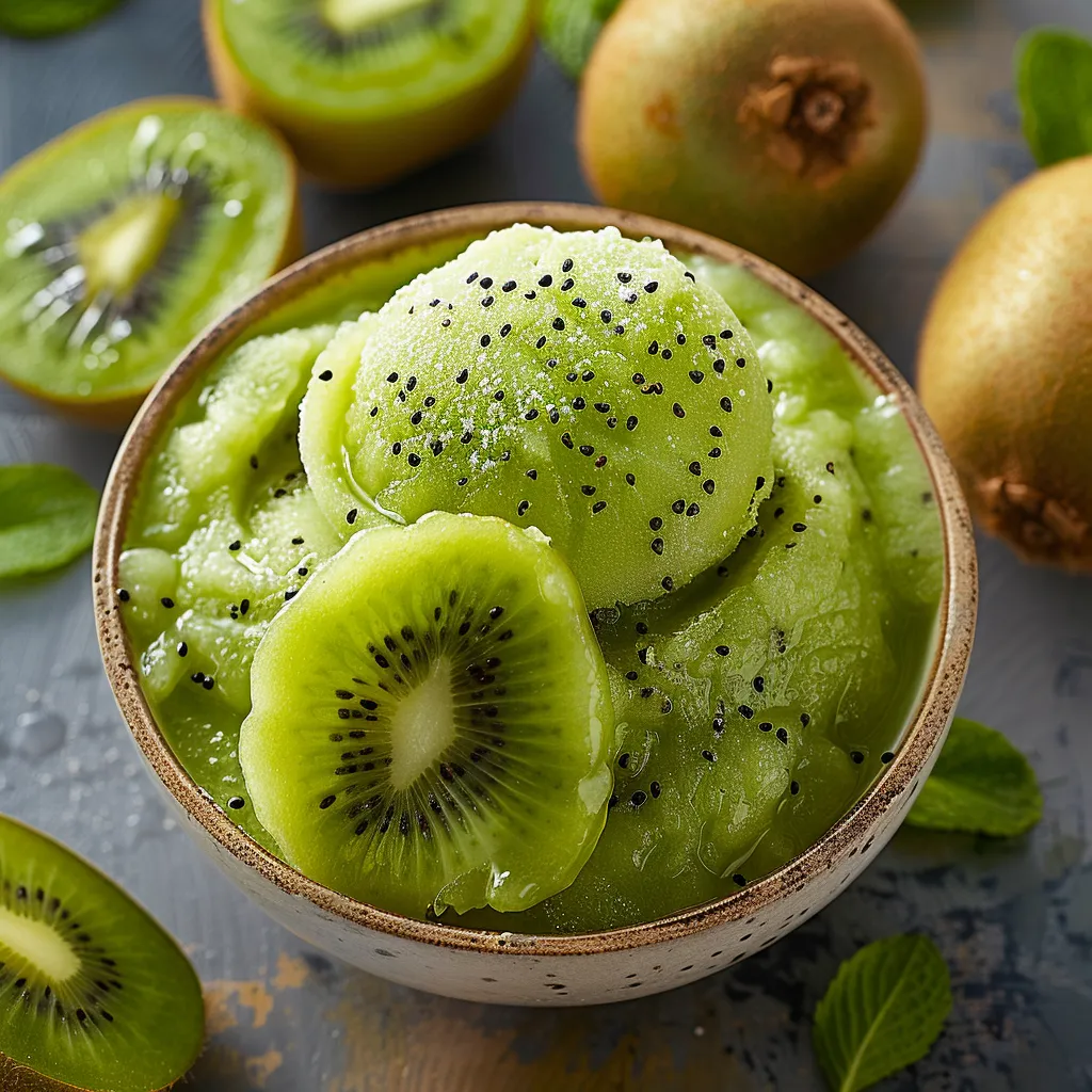 A big bowl of sliced kiwis topped with a scoop of icy sorbet.