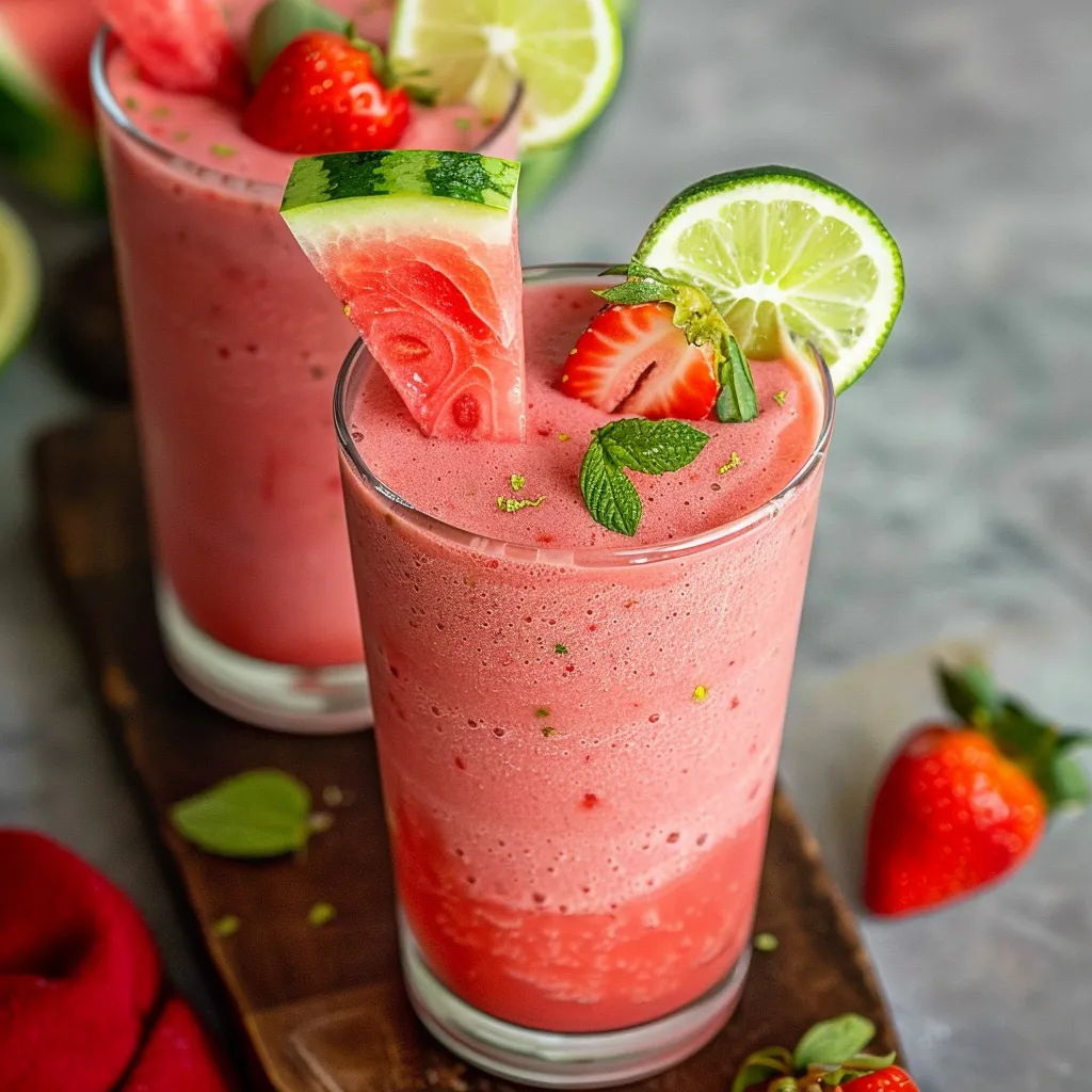 Fresh pink frozen fruit smoothies with lime and strawberry toppings.