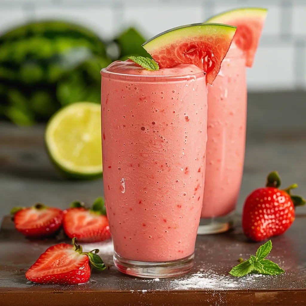Two glasses of pink smoothie with sliced watermelon and strawberries.