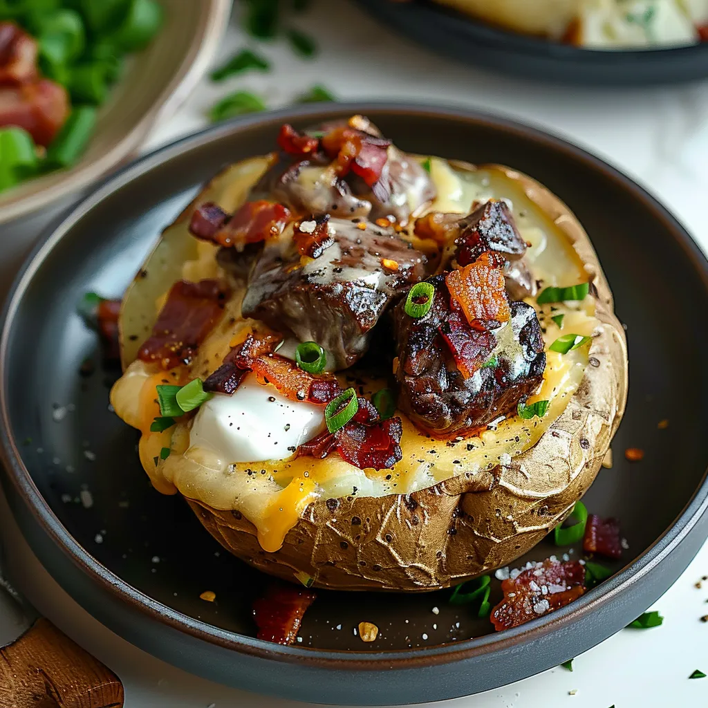 Plate with a potato stuffed with cheese and bacon on top.