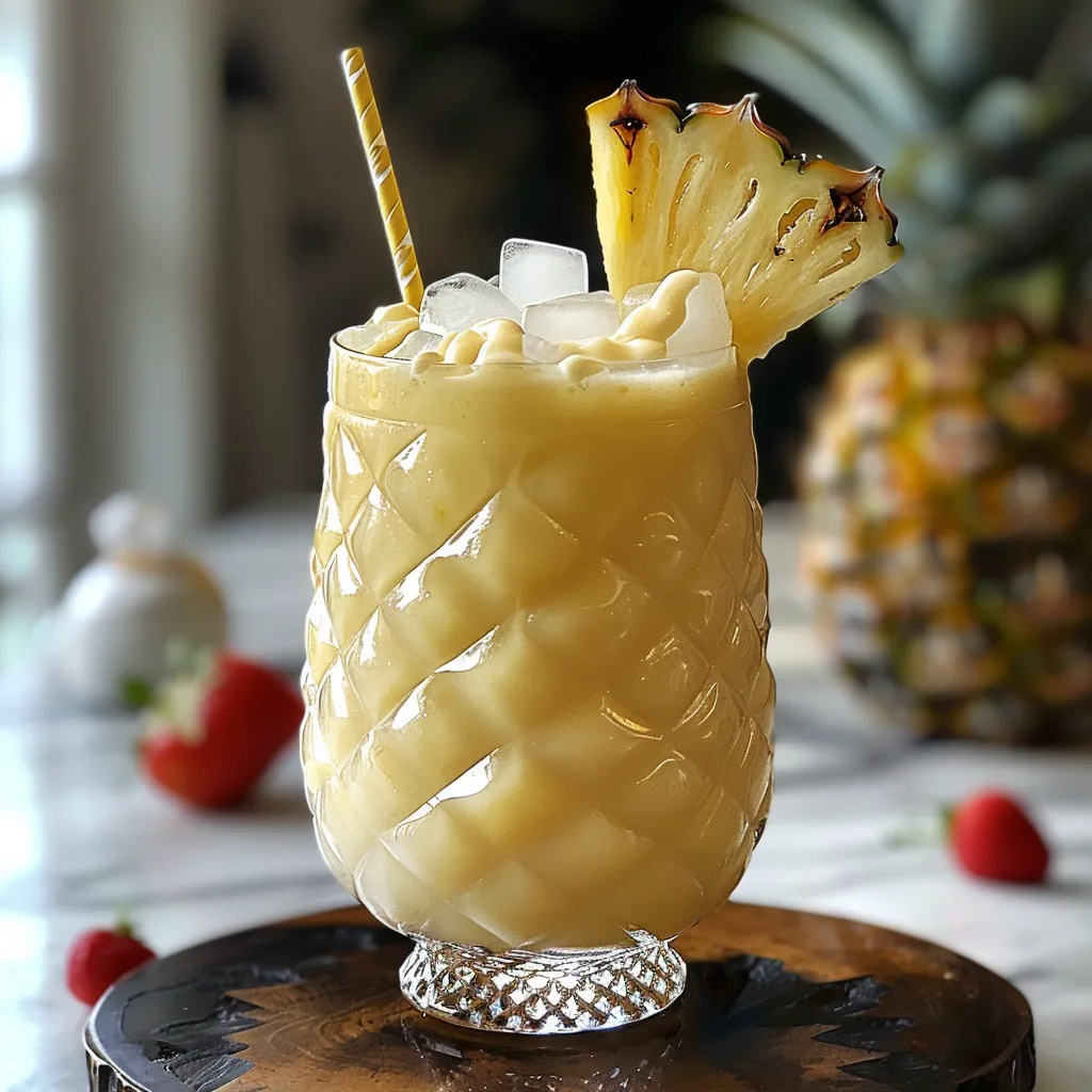 A summery pineapple drink with a straw.