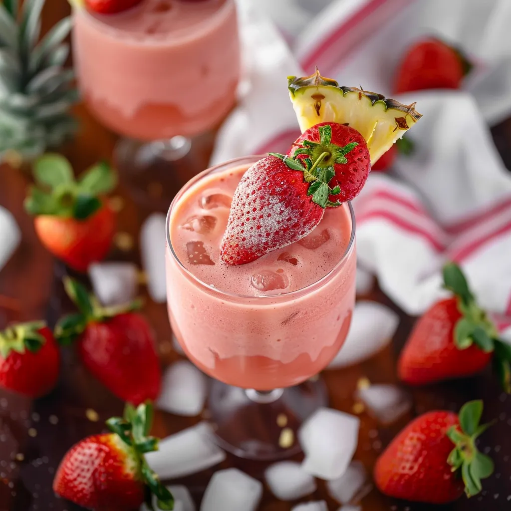 A pink drink topped with a strawberry in a glass.