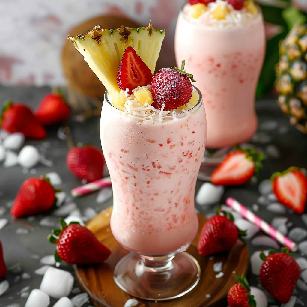 A pink frozen drink in a glass topped with pineapple and fresh strawberries.