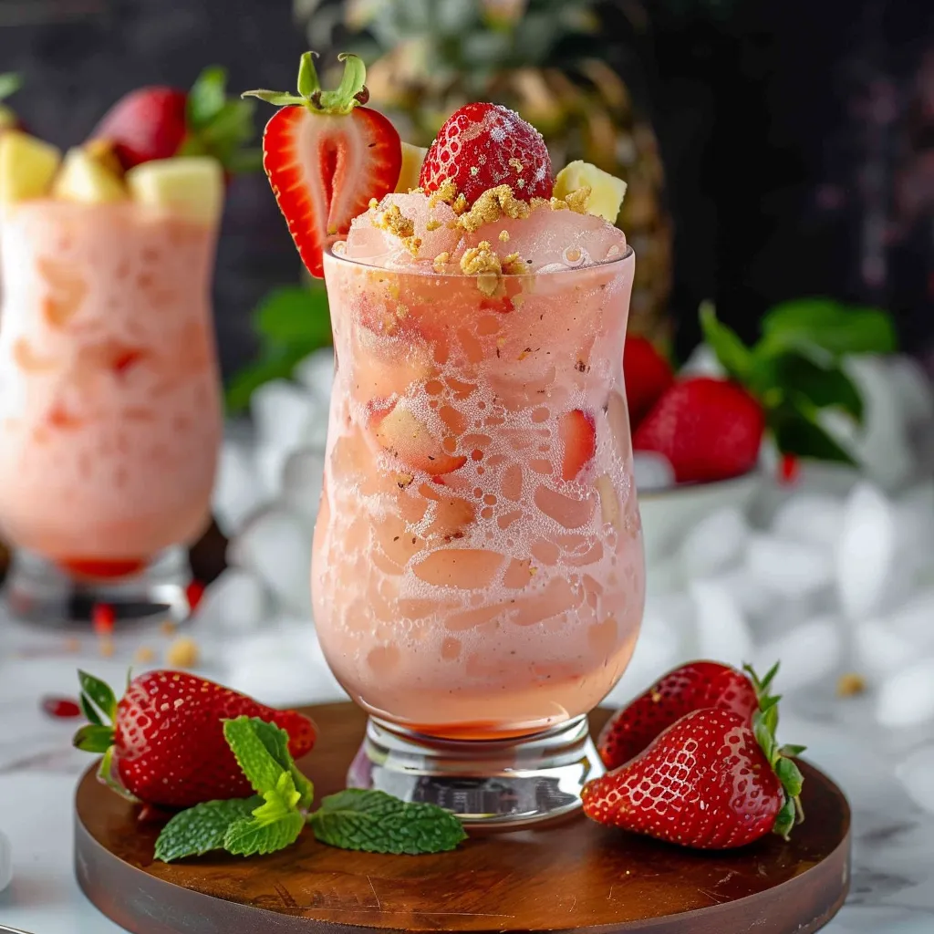 A frozen pink cocktail garnished with fresh strawberries and pineapple slice.