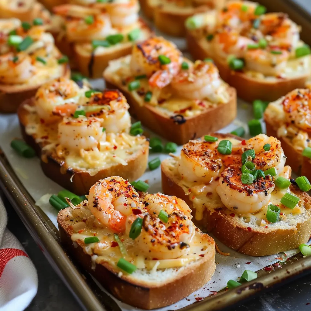 Toasted bread topped with shrimp and cheese.