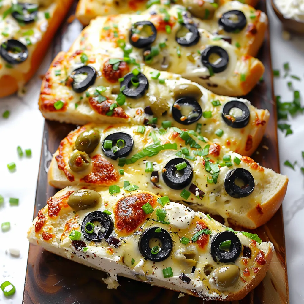 A slice of baked bread topped with olives and melted cheese.