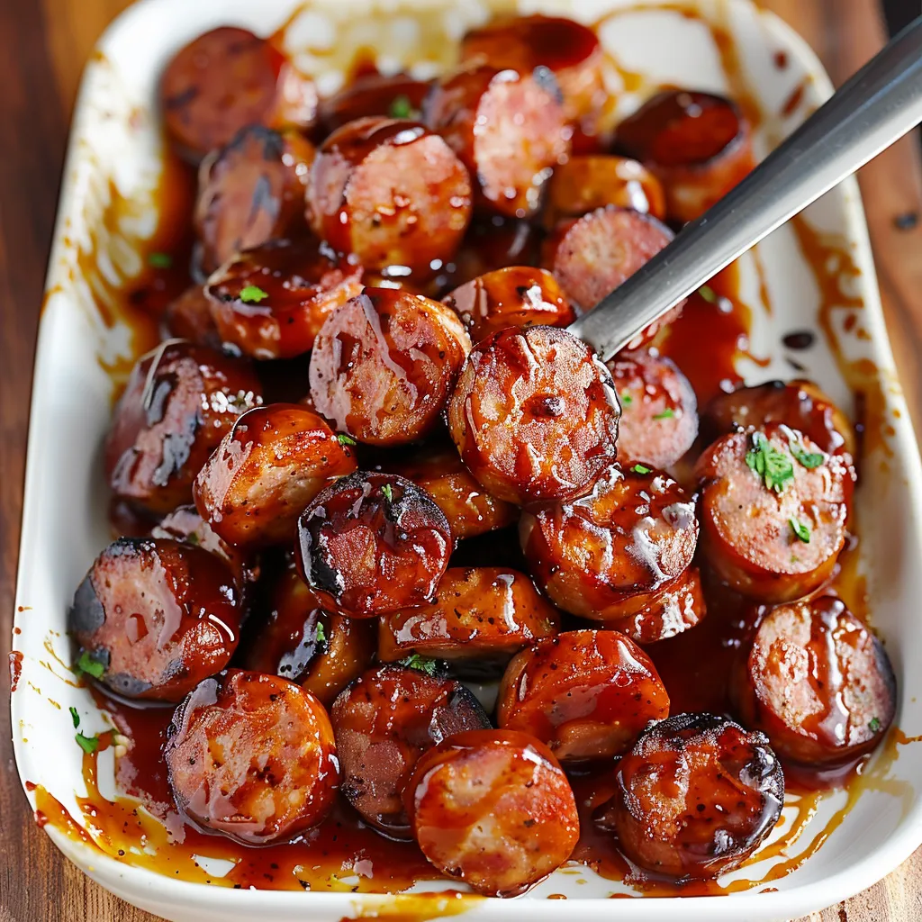 A dish filled with saucy sausages.