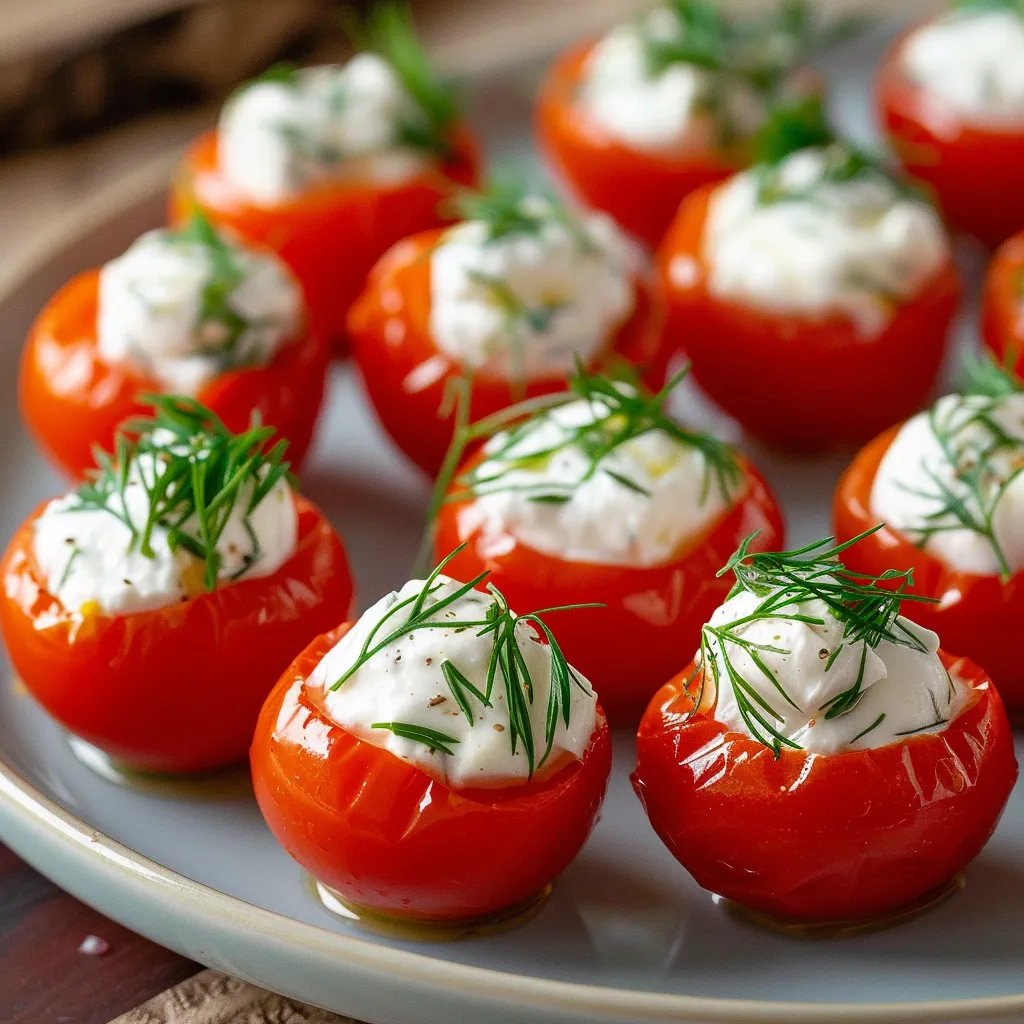 A serving dish with stuffed cherry tomatoes topped with herbs.